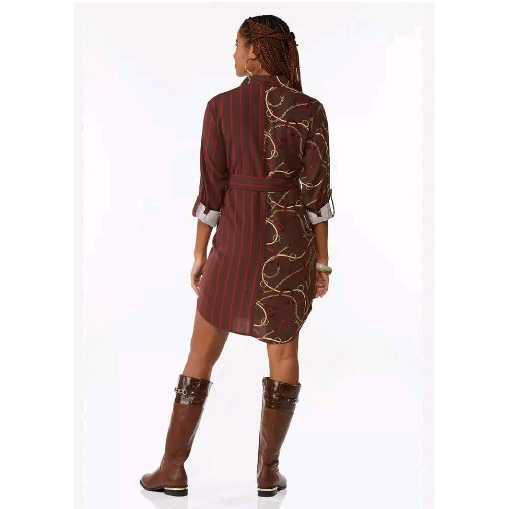Cato Chain/Stripe Shirt Dress Brown Red Size M Graphic